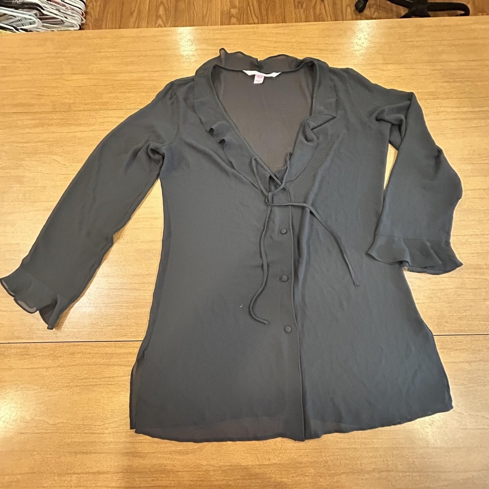 Victoria's Secret Top Womens M Black Chiffon Kimono Ruffle Button Sheer Lounge